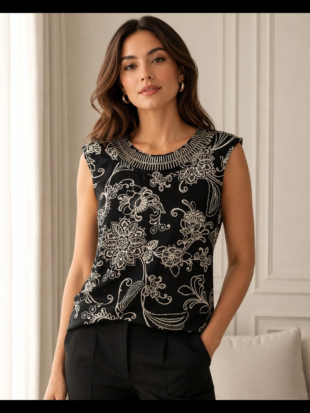 Floral Embroidered Black Sleeveless Shell Top